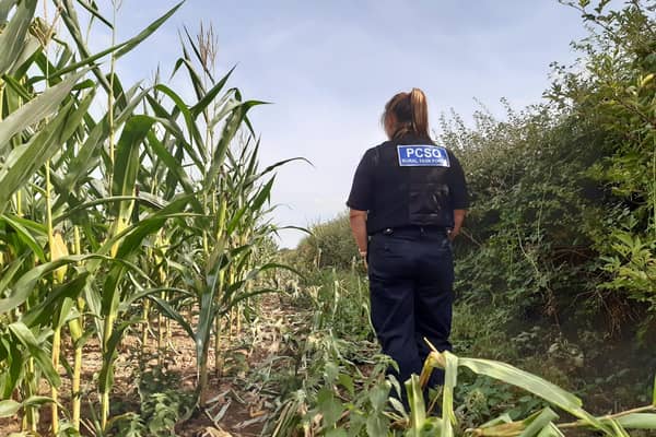 PCSO Sarah Harrod from the North Yorkshire Police Rural Crime Task Force inspects the damage caused to farming land after suspected deer poachers were disturbed on Sunday night.