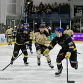 DERBY DELIGHT: Leeds Knights' Sam Dunn (right) - who scored his team's first goal right - is put under pressure by Hull Seahawks' Emil Svec. Picture: Amy Blossom/Seahawks Media