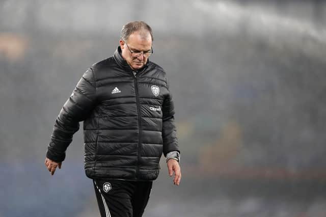LIVERPOOL, ENGLAND - NOVEMBER 28: Marcelo Bielsa, Manager of Leeds United reacts during the Premier League match between Everton and Leeds United at Goodison Park on November 28, 2020 in Liverpool, England.