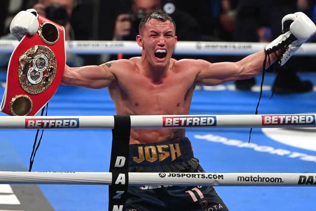 Josh Warrington celebrates after regaining the IBF World Featherweight title fight by defeating Kiko Martinez in March (Picture: Stu Forster/Getty Images)