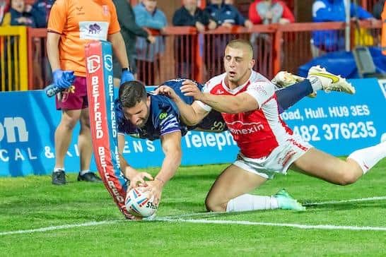 Wigan's Abbas Miski levelled the scores with a try from the final move of the 80 minutes at Hull KR. Picture by Allan McKenzie/SWpix.com.