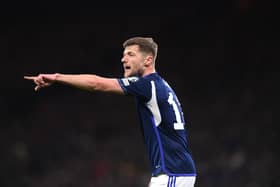 GLASGOW, SCOTLAND - MARCH 28: Scotland defender Liam Cooper in action during the UEFA EURO 2024 qualifying round group A match between Scotland and Spain at Hampden Park on March 28, 2023 in Glasgow, Scotland. (Photo by Stu Forster/Getty Images)