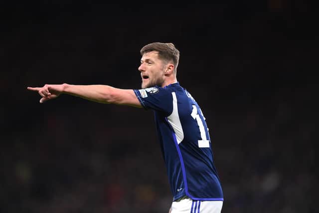 GLASGOW, SCOTLAND - MARCH 28: Scotland defender Liam Cooper in action during the UEFA EURO 2024 qualifying round group A match between Scotland and Spain at Hampden Park on March 28, 2023 in Glasgow, Scotland. (Photo by Stu Forster/Getty Images)
