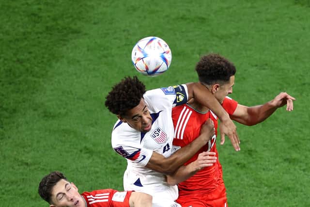 DOHA, QATAR - NOVEMBER 21: Tyler Adams of United States competes for the ball against Harry Wilson and Ethan Ampadu of Wales during the FIFA World Cup Qatar 2022 Group B match between USA and Wales at Ahmad Bin Ali Stadium on November 21, 2022 in Doha, Qatar. (Photo by Michael Steele/Getty Images)