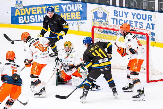 NOI WAY THROUGH: Leeds Knights came off second-best against NIHL National title rivals Sheffield Steeldogs on Saturday night, losing 6-4 on home ice. Picture: Kev Bland/Knights Media.