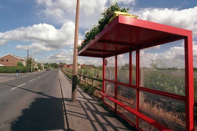 Flowers on top of bus shelters in Allerton Bywater in July 1998.