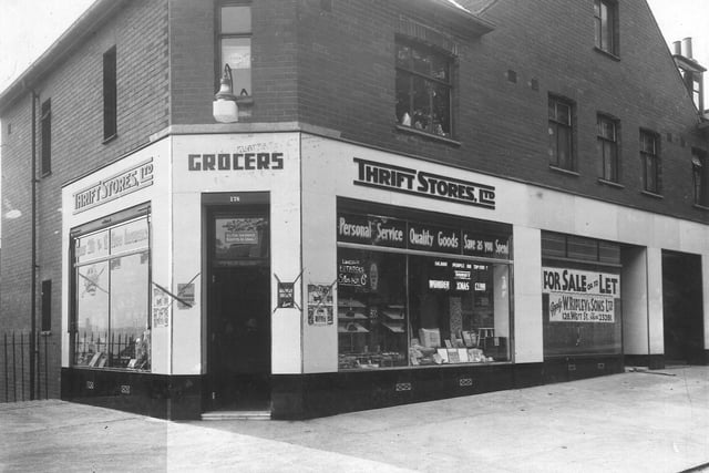 Thrift Stores, grocers shop, on Kirkstall Hill in August 1935.