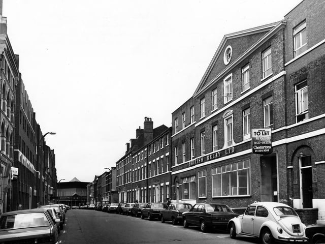 A view of Park Place, showing offices to let by St. Quintin Chartered Surveyors, right. This is the former British Relay Ltd. and is situated in a conservation area. Pictured in July 1979.