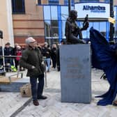 Unveiling of the Barry Hines Memorial of Kes, Cheapside Barnsley.. The Film director of the Film Kes, Ken Loach (left) and David Bradley who played Billy Casper in the film unveil the statue created by Graham Ibbeson