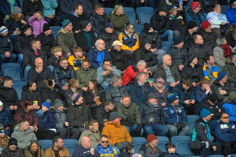 Fans in AMT Headingley's North Stand enjoy Leeds Rhinos' win against Catalans Dragons.