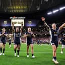 Leeds Rhinos players celebrate their 58-6 victory over Hull KR in Las Vegas four months ago. Picture by Alex Whitehead/SWpix.com.