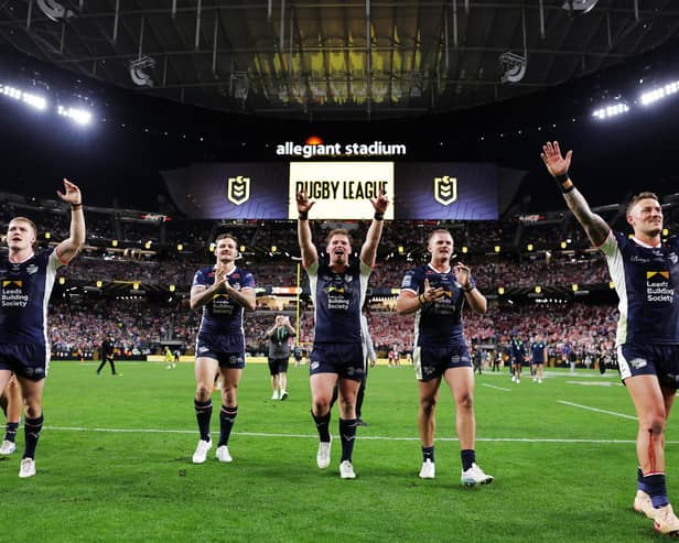Leeds Rhinos players celebrate their 58-6 victory over Hull KR in Las Vegas four months ago. Picture by Alex Whitehead/SWpix.com.
