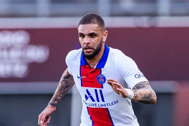 METZ, FRANCE - APRIL 24: Layvin Kurzawa of Paris Saint Germain in action during the Ligue 1 match between FC Metz and Paris Saint-Germain at Stade Saint-Symphorien on April 24, 2021 in Metz, France. (Photo by Marcio Machado/Eurasia Sport Images/Getty Images)