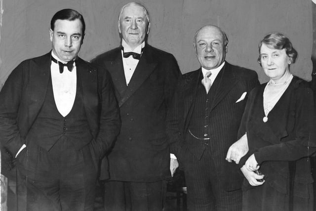 Novelist J. B. Priestley addressed members of the Leeds Eyebrow Club on "An Author's View of the Theatre". In this "Mercury" picture are (left to right) Mr. Priestley, Lord Moynihan, Mr. Edmund Gwenn and Miss Mary Jerrold. Mr. Gwenn and Miss Jerrold are appearing at the Theatre Royal this week in Mr. Priestley's new comedy, "Laburnam Grove". Pictured in November 1933.