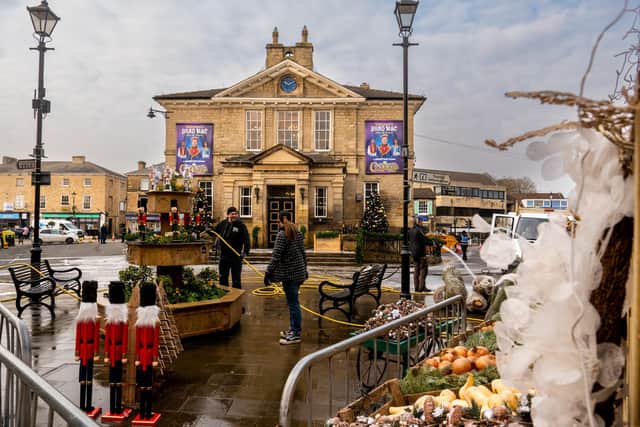 The cleaning up process ahead of the second day of filming in Wetherby, near Leeds, for the new Sky Original Christmas film, Tinsel Town, featuring Kiefer Sutherland, Rebel Wilson, and Danny Dyer. Picture: James Hardisty.