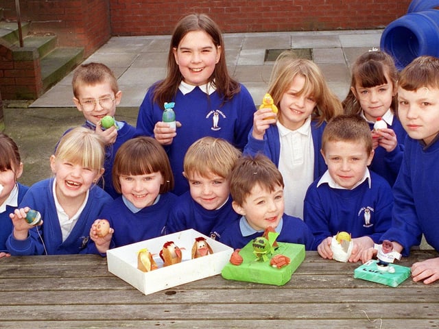 Pupils at Tinshill Primary School has been designing Easter eggs in March 1999. Pictured, from left, are Faye Richardson, Georgina Boardman, Kieran McEneaney, Kimberley Auty, Caroline Witts, Lloyd Cunningham, Grace Flynn, Joshua Richardson, Donna Wilkinson, Luke McEneaney and Daniel Todd.