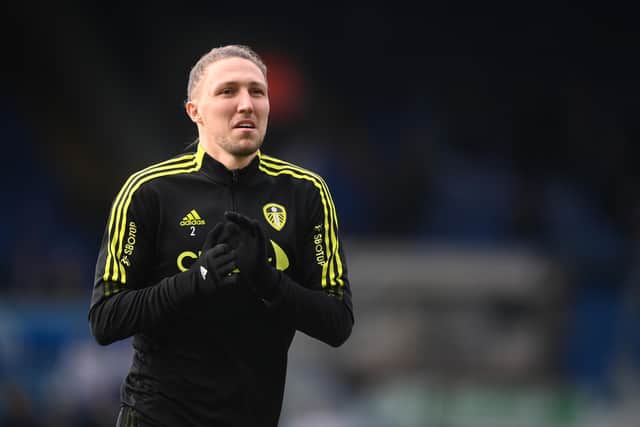LEEDS, ENGLAND - FEBRUARY 26: Luke Ayling of Leeds United warms up prior to the Premier League match between Leeds United and Tottenham Hotspur at Elland Road on February 26, 2022 in Leeds, England. (Photo by Laurence Griffiths/Getty Images)