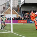 HEROICS: From Leeds United Women keeper Carrie Simpson in Sunday's Women's FA Cup fourth round clash at Arsenal Women as Caitlin Foord fires the Gunners ahead despite Simpson's efforts. Photo by Catherine Ivill/Getty Images.
