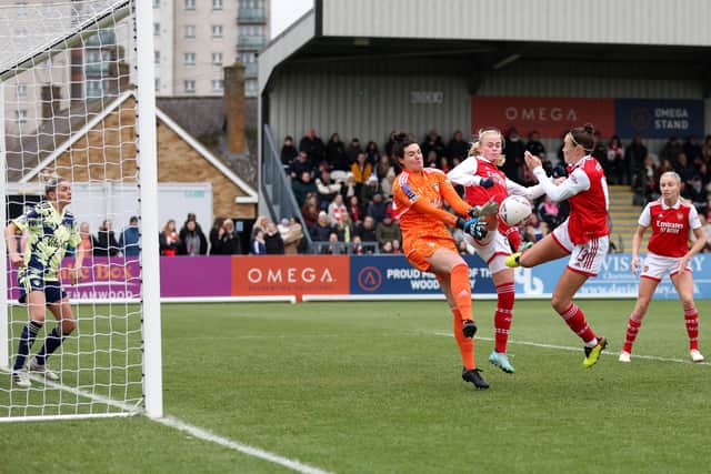 HEROICS: From Leeds United Women keeper Carrie Simpson in Sunday's Women's FA Cup fourth round clash at Arsenal Women as Caitlin Foord fires the Gunners ahead despite Simpson's efforts. Photo by Catherine Ivill/Getty Images.