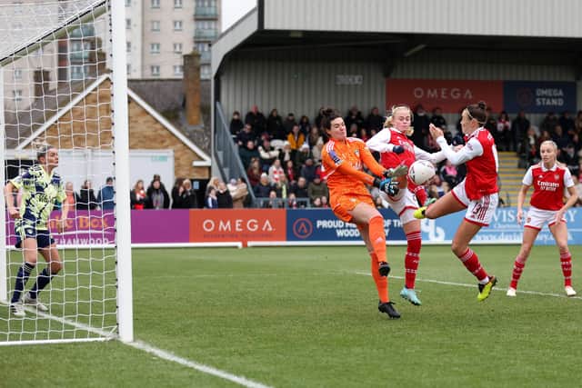 HEROICS: From Leeds United Women keeper Carrie Simpson in Sunday's Women's FA Cup fourth round clash at Arsenal Women as Caitlin Foord fires the Gunners ahead despite Simpson's efforts. Photo by Catherine Ivill/Getty Images.