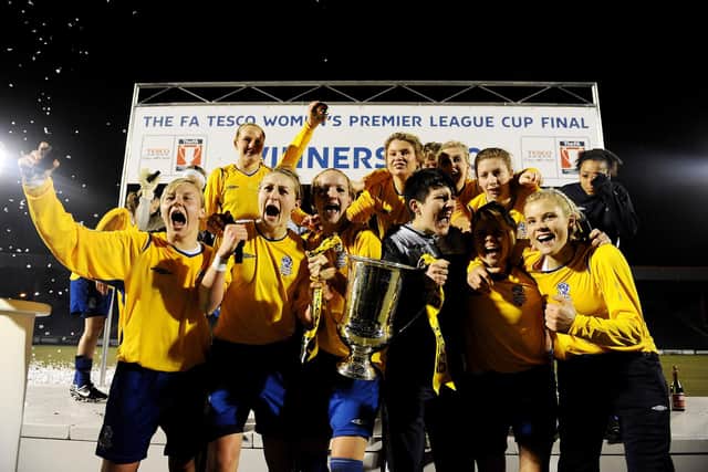 ROCHDALE, ENGLAND - FEBRUARY 11:  Leeds Carnegie celebrate with the trophy after the Tesco Womens Premier League Cup Final between Everton and Leeds Carnegie at Spotland Stadium on February 11, 2010 in Rochdale, England.  (Photo by Laurence Griffiths - The FA/The FA via Getty Images)