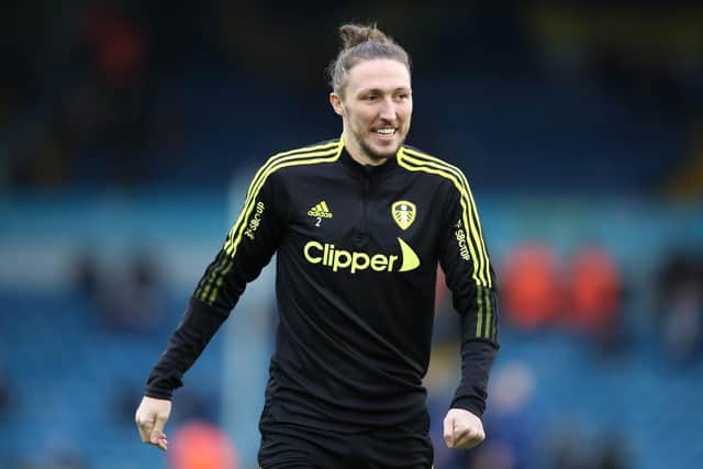 LEEDS, ENGLAND - JANUARY 02: Luke Ayling of Leeds United reacts in the warm up ahead of the Premier League match between Leeds United and Burnley at Elland Road on January 02, 2022 in Leeds, England. (Photo by George Wood/Getty Images)
