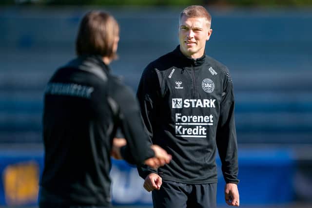 CROATIA DATE: For Leeds United's Danish international right-back Rasmus Kristensen, right, pictured in training in Helsingor this week.
Photo by LISELOTTE SABROE/Ritzau Scanpix/AFP via Getty Images.