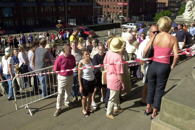 People queue to snap up free Classical Fantasia tickets at Leeds Town Hall ahead of the spectacular one night event at Kirkstall Abbey. The musical extravaganza was due to feature fireworks, a laser light show and popular classics performed by the Northern Ballet.