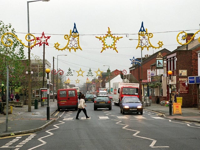 Christmas Decorations on Garforth's Main Street in November 1997.