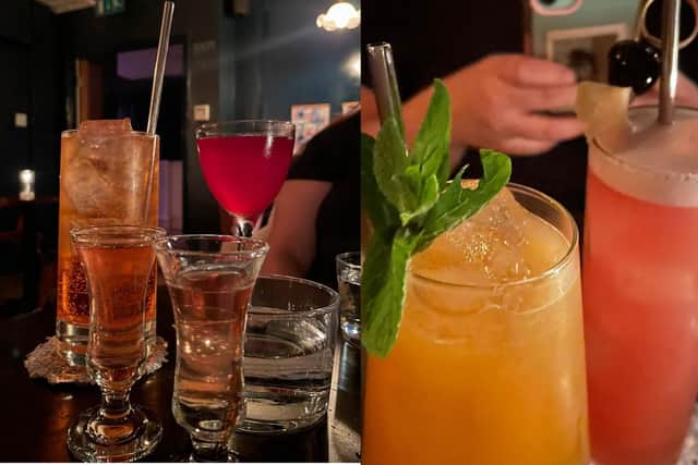 Drinks from Below Stairs, including complimentary shots of Irish whiskey, 'the challenger' cocktail, bitter spritz, pinolada and Singapore sling.