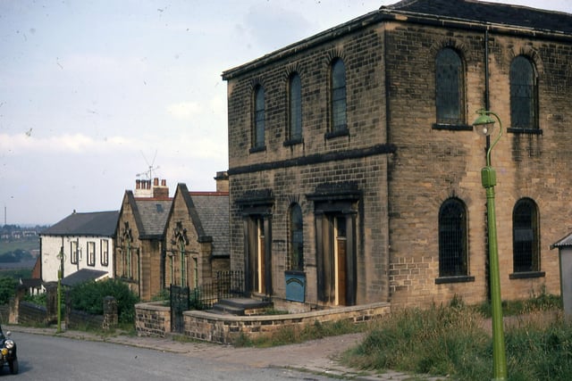 Back Green Methodist Chapel and Sunday School in July 1968. Later, the second storey was removed and the chapel sold off eventually. The church transferred to the school room. Croft Farm is the white building to the left of the church buildings.