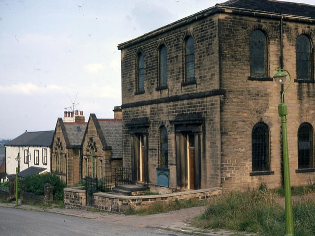 Back Green Methodist Chapel and Sunday School in July 1968. Later, the second storey was removed and the chapel sold off eventually. The church transferred to the school room. Croft Farm is the white building to the left of the church buildings.
