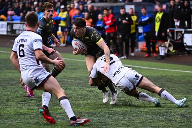 Riley Lumb, seen playing for Leeds Rhinos in a Challenge Cup tie against Widnes Vikings five months ago, is a specialist winger waiting for a first team chance. Picture by Olly Hassell/SWpix.com.