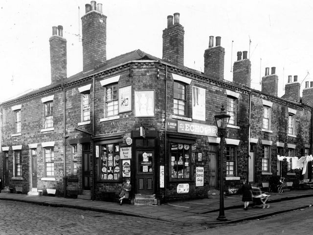 A corner shop at the junction of Bateson Row and Lloyd Street in December 1959.
