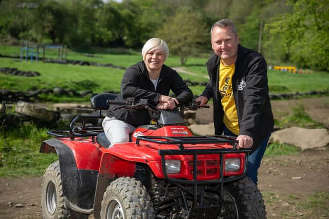 Nicola on a quad bike at Bumpy with Chris