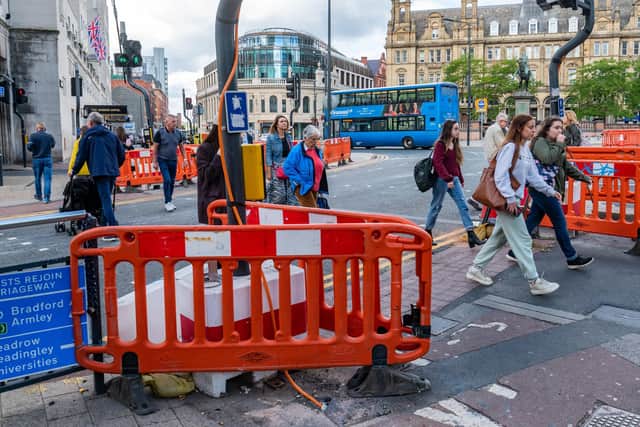 As part of work to make City Square more of a ‘”people-first” environment, traffic management works are diverting all through-traffic away from the area. Image: James Hardisty