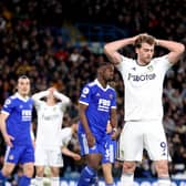 LEEDS, ENGLAND - APRIL 25: Patrick Bamford of Leeds United reacts after a missed chance during the Premier League match between Leeds United and Leicester City at Elland Road on April 25, 2023 in Leeds, England. (Photo by Alex Livesey/Getty Images)