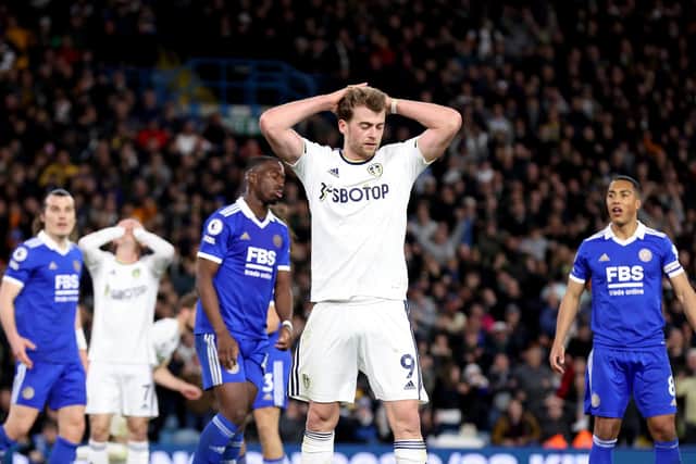 LEEDS, ENGLAND - APRIL 25: Patrick Bamford of Leeds United reacts after a missed chance during the Premier League match between Leeds United and Leicester City at Elland Road on April 25, 2023 in Leeds, England. (Photo by Alex Livesey/Getty Images)