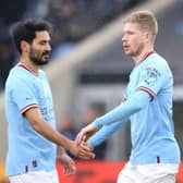 MANCHESTER, ENGLAND - DECEMBER 17: Kevin De Bruyne of Manchester City celebrates after scoring their side's first goal with Ilkay Gundogan during the friendly match between Manchester City and Girona at Manchester City Academy Stadium on December 17, 2022 in Manchester, England. (Photo by Jan Kruger/Getty Images)