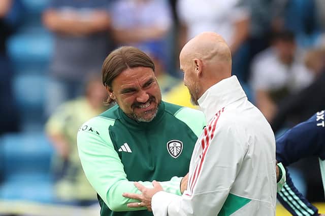 OSLO, NORWAY - JULY 12: Manager Erik ten Hag of Manchester United and manager Daniel Farke of Leeds United speak after the pre-season friendly match between Manchester United and Leeds United at Ullevaal Stadium on July 12, 2023 in Oslo, Norway. (Photo by Matthew Peters/Manchester United via Getty Images)