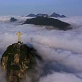 Aerial view of Brazilian landmark Christ the Redeemer, which celebrated 91 years since its construction in Rio de Janeiro, on October 12, 2022. (Photo by CARL DE SOUZA / AFP) (Photo by CARL DE SOUZA/AFP via Getty Images)