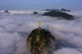 Aerial view of Brazilian landmark Christ the Redeemer, which celebrated 91 years since its construction in Rio de Janeiro, on October 12, 2022. (Photo by CARL DE SOUZA / AFP) (Photo by CARL DE SOUZA/AFP via Getty Images)