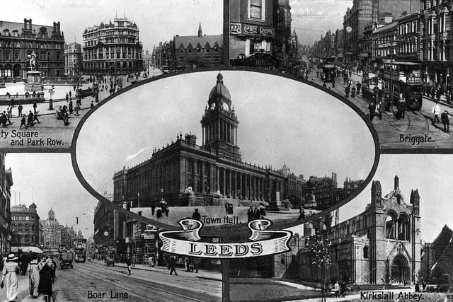 A multi-view postcard with a postdate of August 4, 1923 showing five different images of Leeds. The main picture in the centre is of the Town Hall, while around the outside are views of City Square, Briggate, Kirkstall Abbey and Boar Lane.
