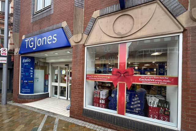 Information of the store's grand reopening event on the TGJones Leeds store fascia