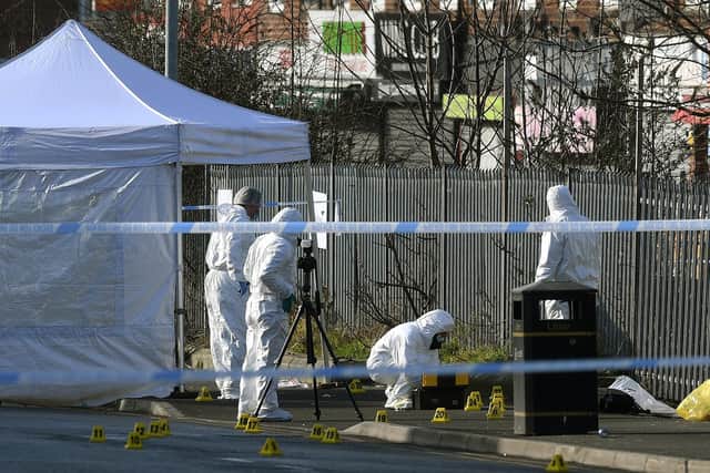 Compton Road, Harehills is cordoned off and a murder enquiry is ongoing. Picture: Jonathan Gawthorpe