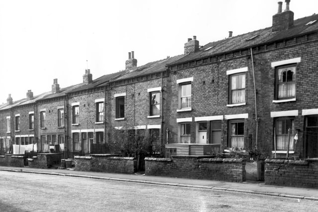 The rear entrances and gardens of through terraces fronting onto Ascot Avenue in October 1966. Each house has a private garden surrounded by a wall or fence with a gateway shared between two houses. Every house has a washing line extending across the garden and some homes has small sheds and trees or dustbins.