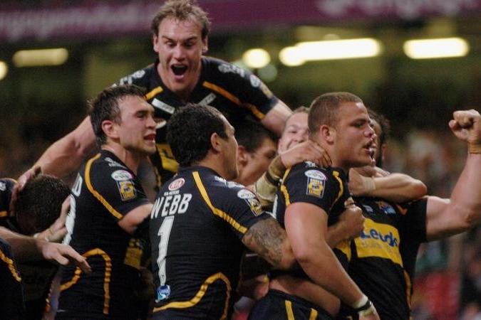 Jordan Tansey celebrates his winning try for Leeds Rhinos against Bradford Bulls at the first Magic Weekend in Cardiff in 2007.