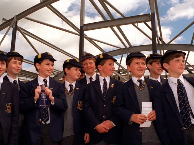Leeds Grammar School pupils get a first look as their new school takes shape at Alwoodley. They were at the foundation stone laying ceremony by Chairman of Governors Peter Sparling in July 1996.