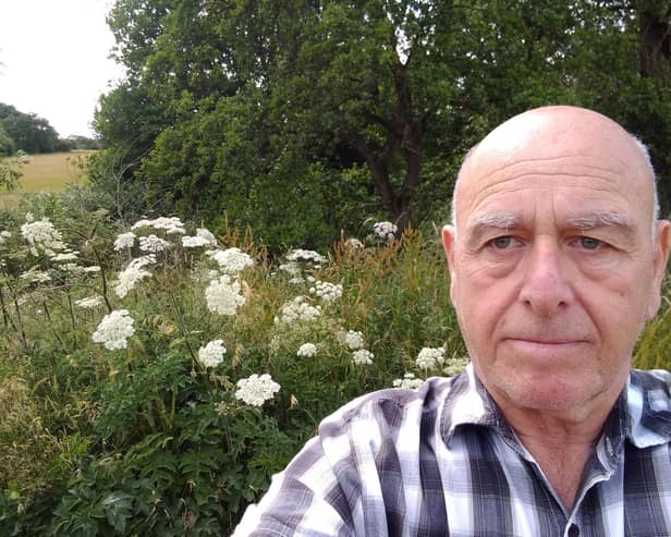 Michael Lowry said that he was worried about children or animals being burnt by the plants, pictured behind him in Cookridge, Leeds.