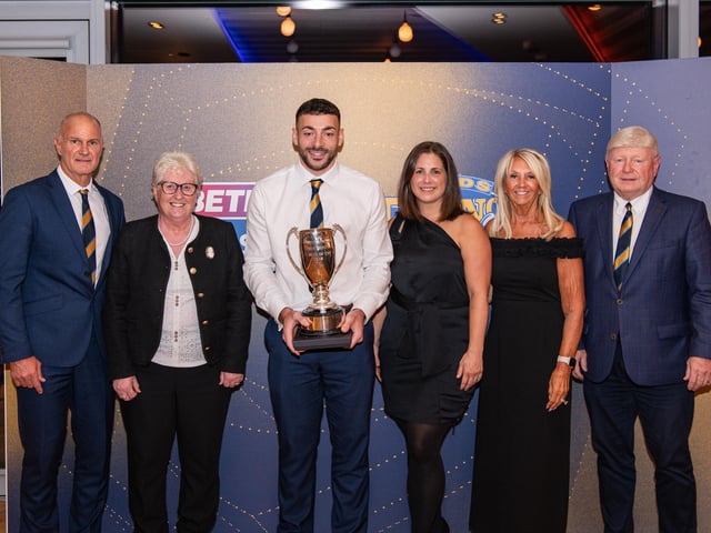 Rob Burrow CBE Leeds Rhinos player of the year award winner Jake Connor with Irene and Lindsey Burrow,  along with coach Brad Arthur and award sponsors John and Gill Spencer from NIC FM Services Ltd.